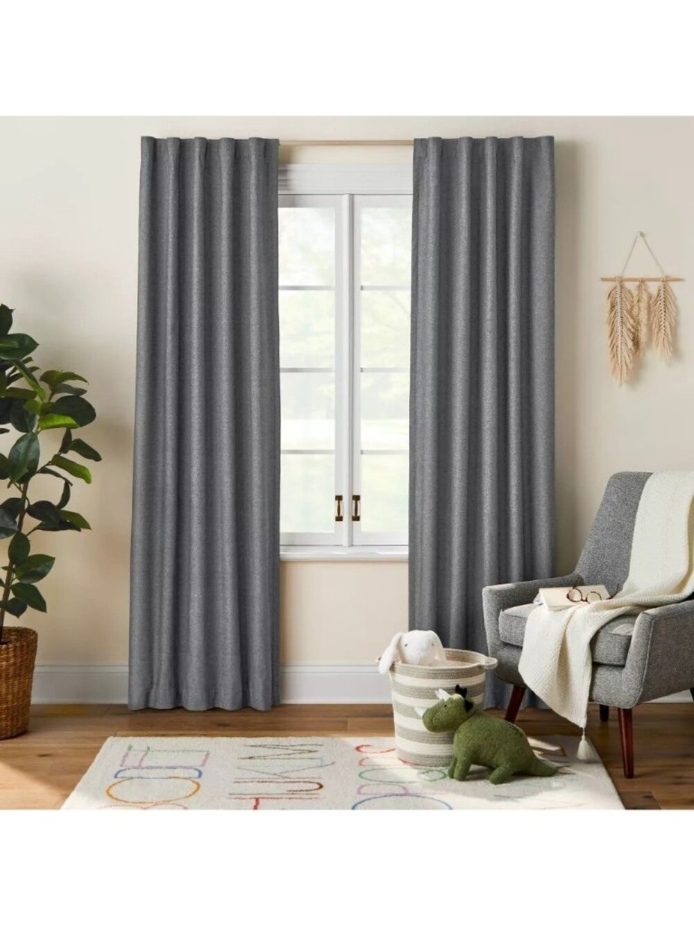 Pillowfort Heathered Black Chambray Cotton Blackout Curtain Panel 42" x 84" NWOT
